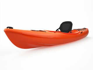 Bright Orange Kayak with Black Seat on White Background for Water Sports and Outdoor Activities