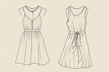 Two casual summer dresses, front and back views, simple line drawings.