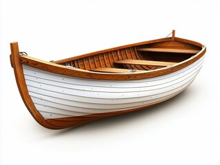 Classic Wooden Rowing Boat on White Background with Intricate Details and Timeless Craftsmanship