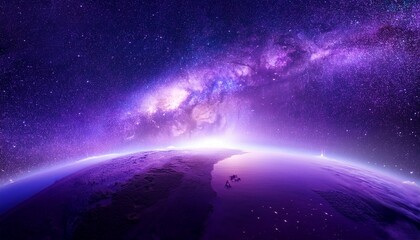 Obraz premium abstract starry space in purple with shining star dust and nebula realistic galaxy with milky way and planet background