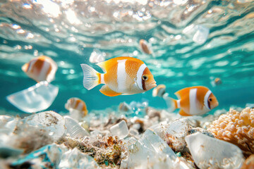 Underwater scene featuring colorful fish swimming among shards of plastic and coral, highlighting beauty and fragility of marine life. vibrant colors and clear water create captivating view