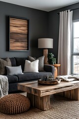 Fototapeta premium A cozy living room is designed with wooden furniture and decor