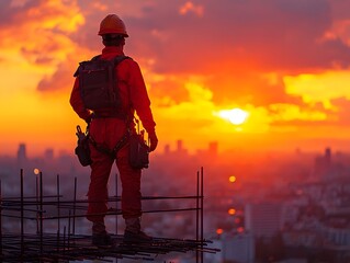 Naklejka premium Construction worker silhouetted against a vibrant urban sunset