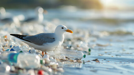 Obraz premium seagull stands on beach littered with plastic bottles, highlighting impact of pollution on marine life. scene evokes sense of concern for environment and wildlife