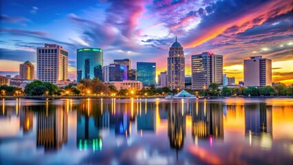 Orlando City Skyline, Flat Line Art, Customizable Buildings, Trendy Cityscape Illustration, Surreal Photography