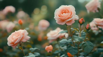 Beautiful pale pink roses bloom in a well lit garden