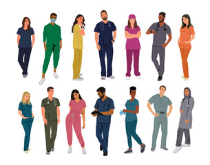 Obraz premium Big set of standing, walking doctors, nurses in medical uniform, colorful scrubs. Flat vector illustrations isolated