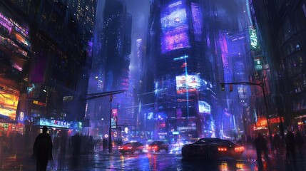 Obraz premium Neon city street at night, people walking, cars, rain