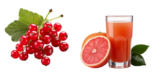 Berry Refreshment: A vibrant composition featuring a sprig of ripe red currants alongside a refreshing glass of freshly squeezed juice and a halved grapefruit, all on display. 