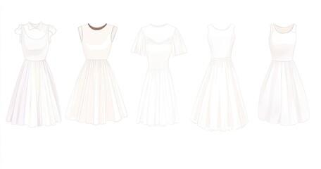 Five white dresses, different styles, sleeveless, short sleeves, collar.