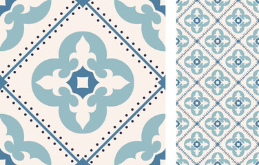 Seamless Azulejo tile. Portuguese and Spain decor. Ceramic tile in blue and white. Seamless Floral pattern. Vector hand drawn illustration, typical portuguese and spanish tile
