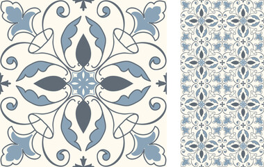 Seamless Azulejo tile. Portuguese and Spain decor. Ceramic tile in blue and white. Seamless Floral pattern. Vector hand drawn illustration, typical portuguese and spanish tile