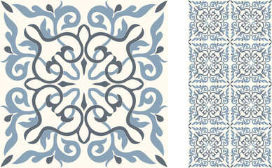 Seamless Azulejo tile. Portuguese and Spain decor. Ceramic tile in blue and white. Seamless Floral pattern. Vector hand drawn illustration, typical portuguese and spanish tile