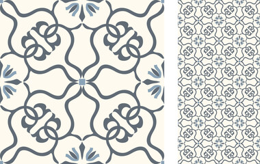 Seamless Azulejo tile. Portuguese and Spain decor. Ceramic tile in blue and white. Seamless Floral pattern. Vector hand drawn illustration, typical portuguese and spanish tile