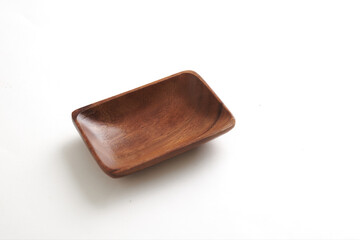 Handcrafted Rectangular Wooden Bowl on White Background