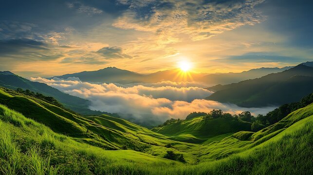 Scenic sunrise over lush green mountains with rolling clouds and a golden sky  
