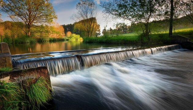 water flowing over a weir dam in a small river