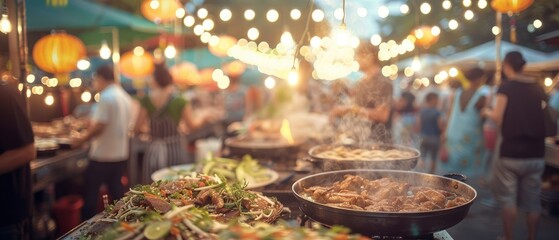 Vibrant night market scene with sizzling dishes, colorful lights, and people enjoying street food