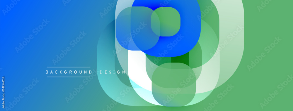 Poster Circular abstract design with overlapping translucent circles and round shapes, blending gradients and smooth curves, creating depth, contrast, and a dynamic visual effect