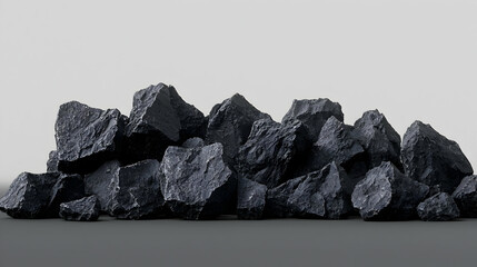 Pile Of Black Coal Rocks With Rough Textures On A Grey Surface Against A Light Background