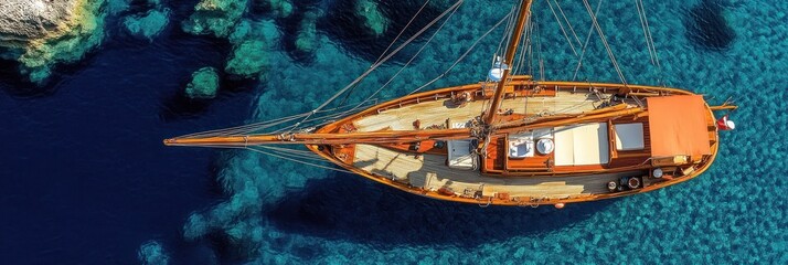Wooden sailing yacht in turquoise water