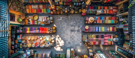 Fototapeta premium Aerial view of a vibrant market filled with colorful textiles and handcrafted items, bustling with activity