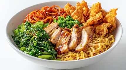A bowl of noodles garnished with assorted ingredients and protein