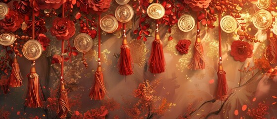 Fototapeta premium Vibrant autumn-themed decoration with red flowers and tassels hanging against a warm, soft background
