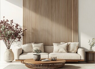 3D rendering of a living room interior design with a sofa and coffee table against a wall made from wooden slats. Scandinavian, minimalist-style home decor. Stock photo, 2/3 space for text. 