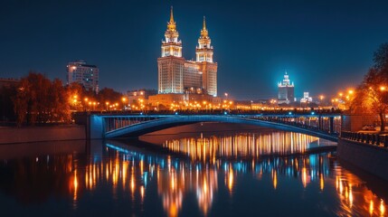Night View of Moscow's Iconic University Building and River Reflection