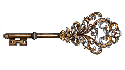 Ornate Vintage Key Design: A Detailed Illustration of an Antique Key with Intricate Ornamental Details