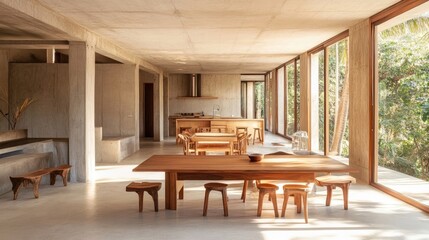 Naklejka premium Minimalist interior with wooden furniture and natural light