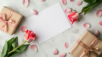 Mother's day card mockup with gifts and pink flowers for celebration design. Top view. Flat lay. Copy space. Happy birthday template