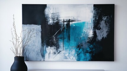 An abstract painting is displayed above a simple vase of twigs