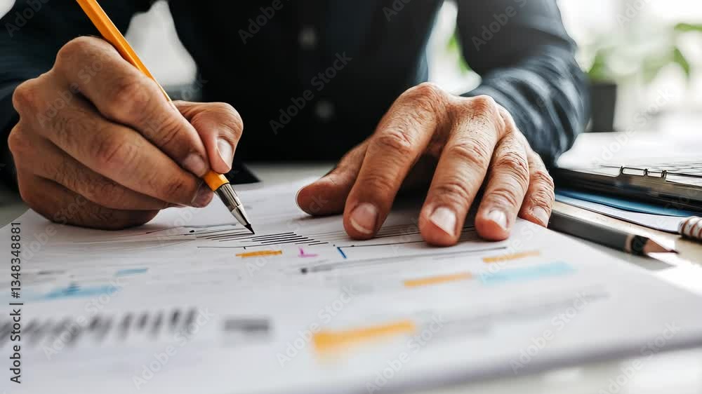 Poster focused person analyzing data and making notes in office setting