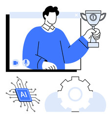 Man holding trophy in video call window, AI chip, gear and cloud. Ideal for teamwork, online success, innovation, technology, AI-powered tools leadership achievement. Flat simple metaphor