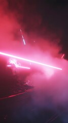 Obraz premium Abstract Neon Landscape: A Vibrant Digital Art Scene of a Misty Mountain Valley
