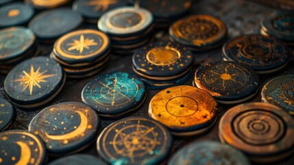 Colorful decorative coasters with celestial designs arranged on a rustic wooden surface