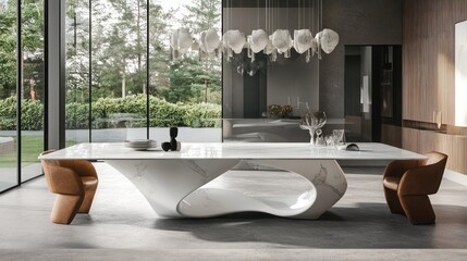 Modern dining area with a unique, organic-shaped table and chairs.  Large windows showcase a lush outdoor space