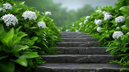 Obraz premium Stone steps lined with lush greenery and flowers.