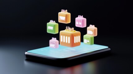 Obraz premium Colorful Icons Floating Above Smartphone Screen on Black Background