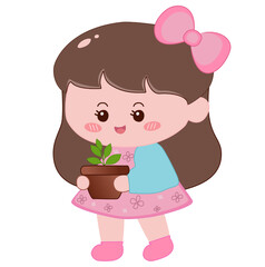 A cute little girl holding a potted plant, spreading summer joy, eco-friendly vibes, and nature love.