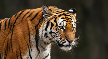 Obraz premium Close Up Portrait Of An Orange And Black Striped Tiger With Water Droplets On Its Fur Against A Dark Background