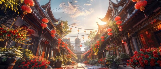 Obraz premium Serene Asian marketplace adorned with vibrant lanterns and lush flowers during sunset, bustling with life