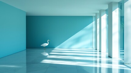Obraz premium White Heron Standing in Modern Interior Space with Bright Sunlight