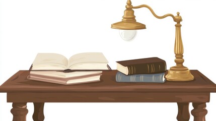Antique Wooden Study Table with Books and Lamp - Vintage Desk Illustration