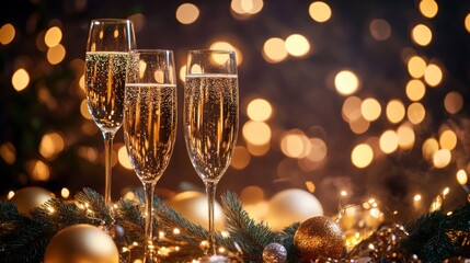 Three Champagne Flutes with Festive Christmas Lights
