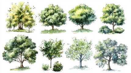 Fototapeta premium Aerial Watercolor Illustration of Diverse Trees and Shrubs