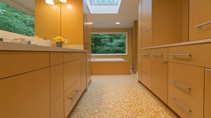 Modern bathroom with warm tones and natural light