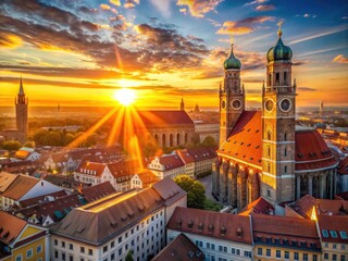 Naklejka premium Panoramic Sunrise Munich Skyline Frauenkirche Cathedral - Dramatic Cityscape Photography